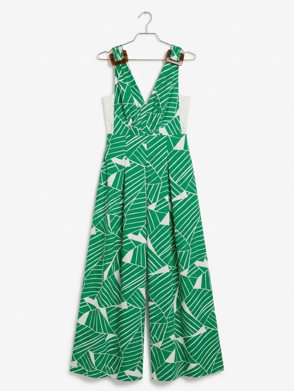 NWT KIUT Womens Large Green Palm Leaf Jumpsuit V-Neck White Lace Side Panels